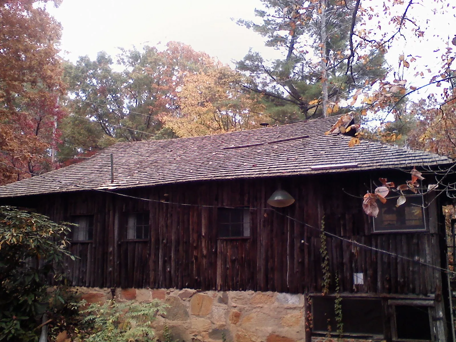 Weathered wood shake roof on a rustic board sided cabin in Prudence Island